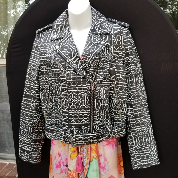 Michael kors Newspaper logo Print Leather jacket Black/white - Picture 6 of 16